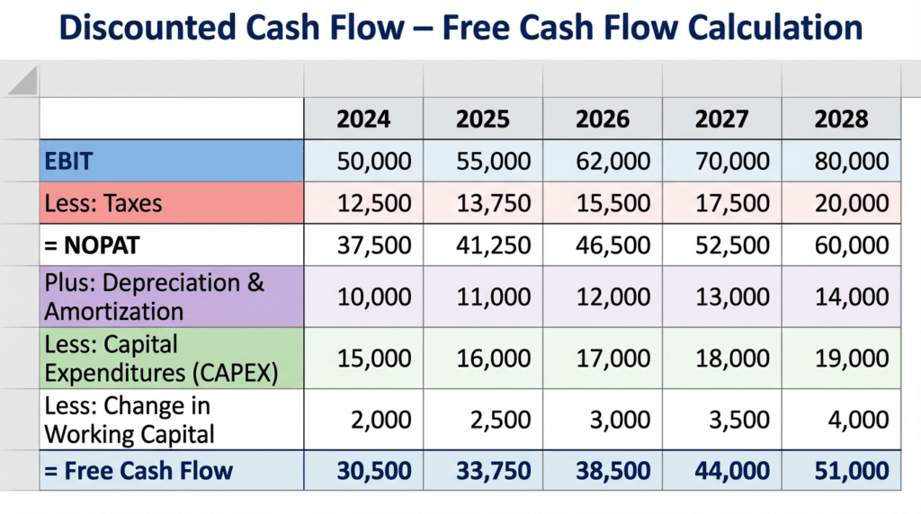 Modèle d’actualisation des flux monétaires futurs (DCF) : explication simple pour les investisseurs 5 modele dcf calcul free cash flow